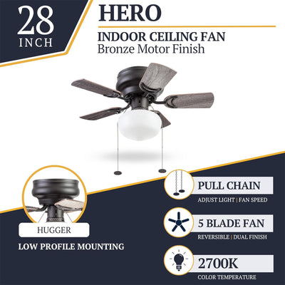 Prominence Home Hero 28in Flush Mount LED Ceiling Fan w/Light, Bronze (Open Box) - VMInnovations