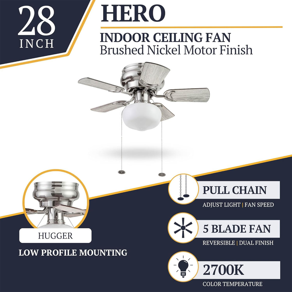 Prominence Home Hero 28 In Flush Mount LED Ceiling Fan Brushed Nickel (Open Box)