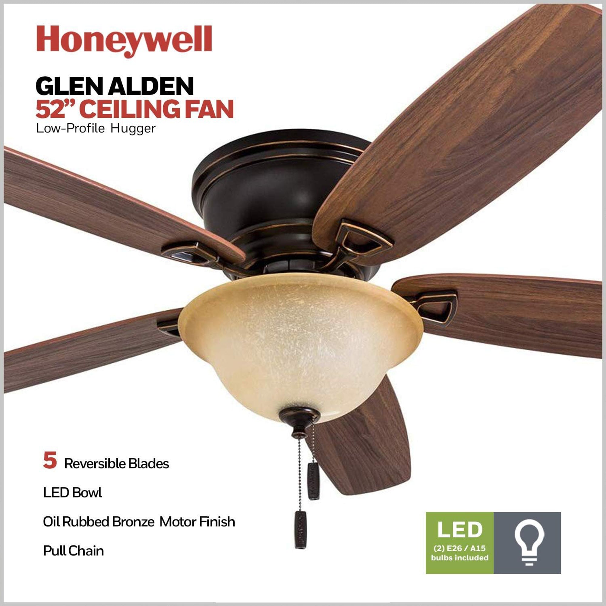 Honeywell Glen Alden 52" Indoor Ceiling Fan with Bowl Light, Pull Chain (Used)