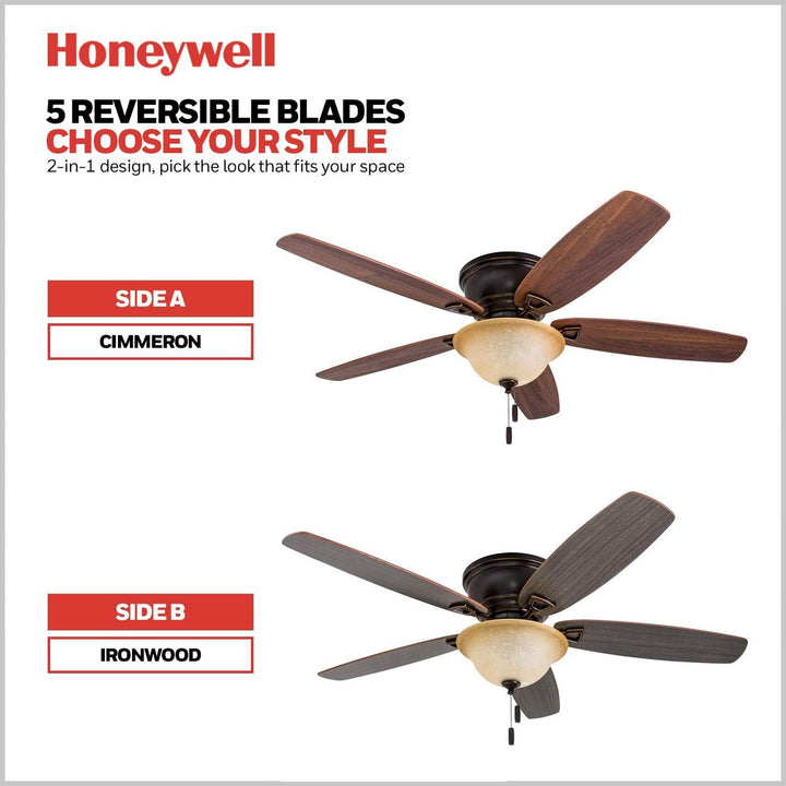 Honeywell Glen Alden 52" Indoor Ceiling Fan with Bowl Light, Pull Chain, Bronze - VMInnovations