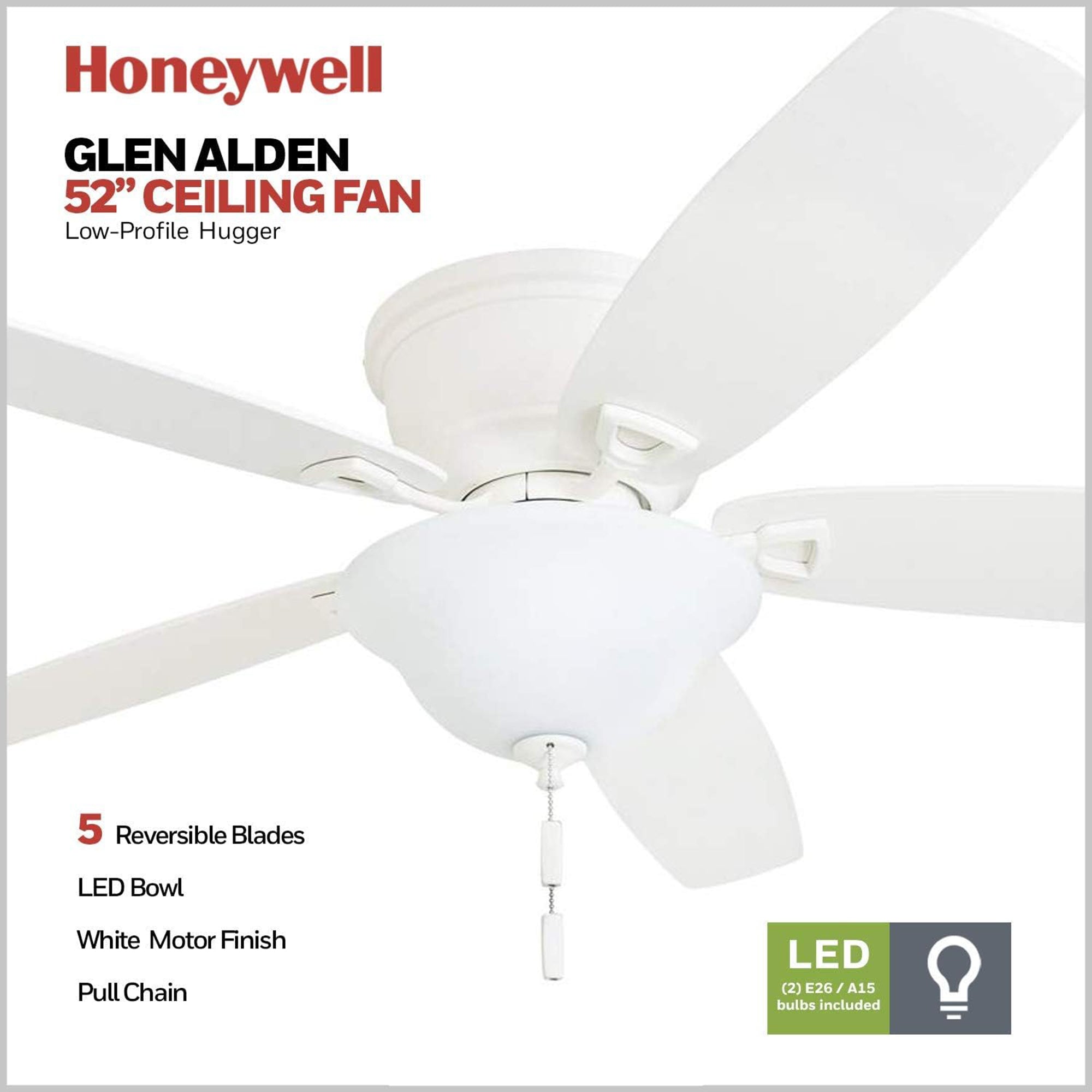 Honeywell Glen Alden 52" Indoor Ceiling Fan with Bowl Light, Pull Chain, White - VMInnovations