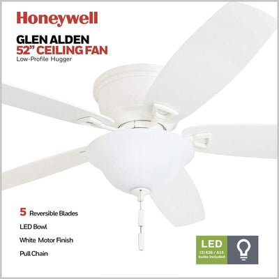 Honeywell Glen Alden 52" Indoor Ceiling Fan with Bowl Light, Pull Chain, White - VMInnovations