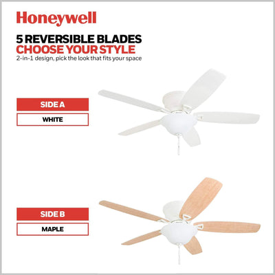 Honeywell Glen Alden 52" Indoor Ceiling Fan with Bowl Light, Pull Chain, White - VMInnovations