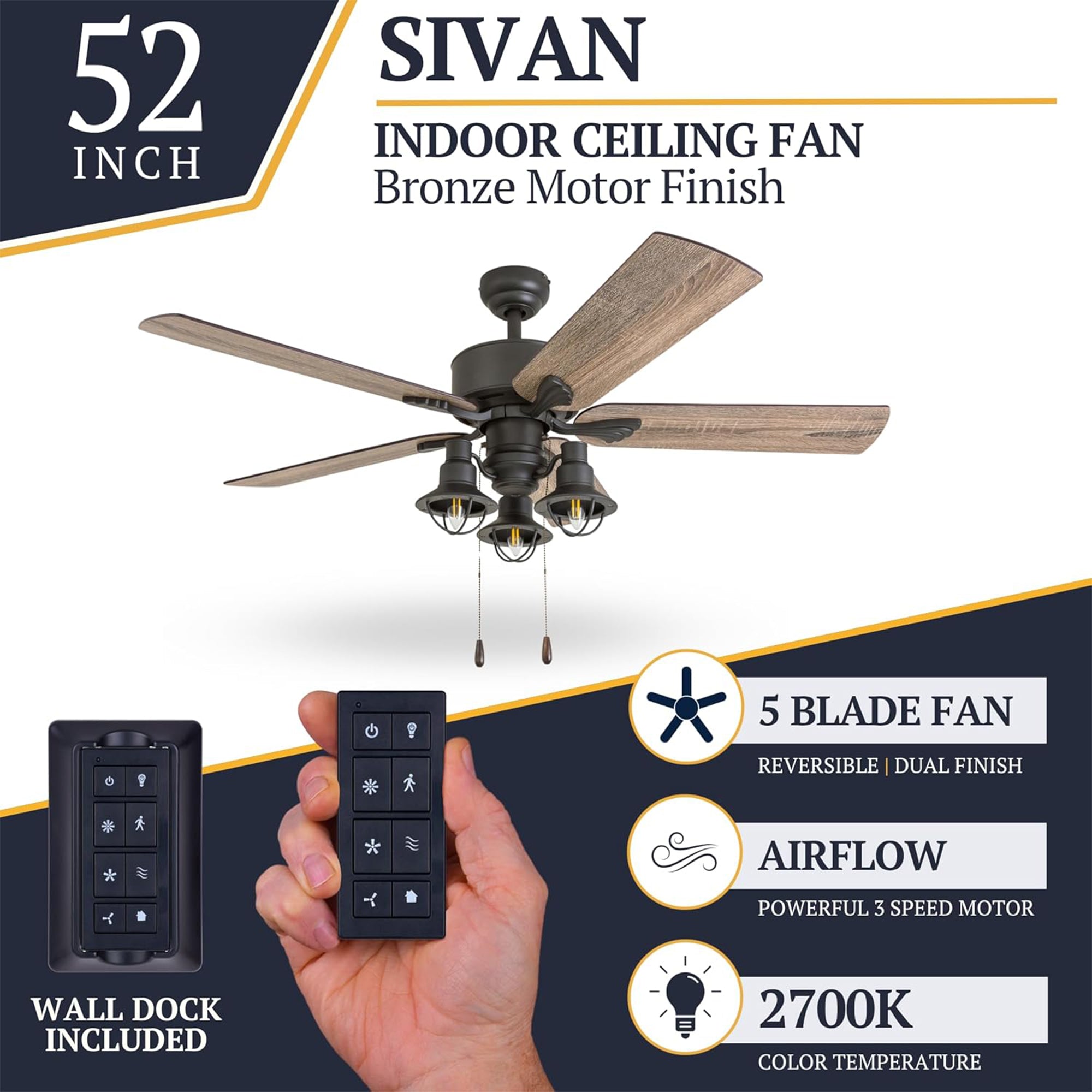 Prominence Home Sivan Farmhouse LED Ceiling Fan, Light & Remote, 52" (Open Box) - VMInnovations