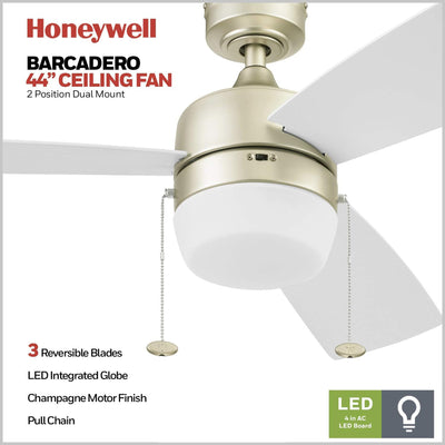 Honeywell Barcadero 44 Inch Indoor LED Ceiling Fan with Pull Chain, Soft Gold - VMInnovations