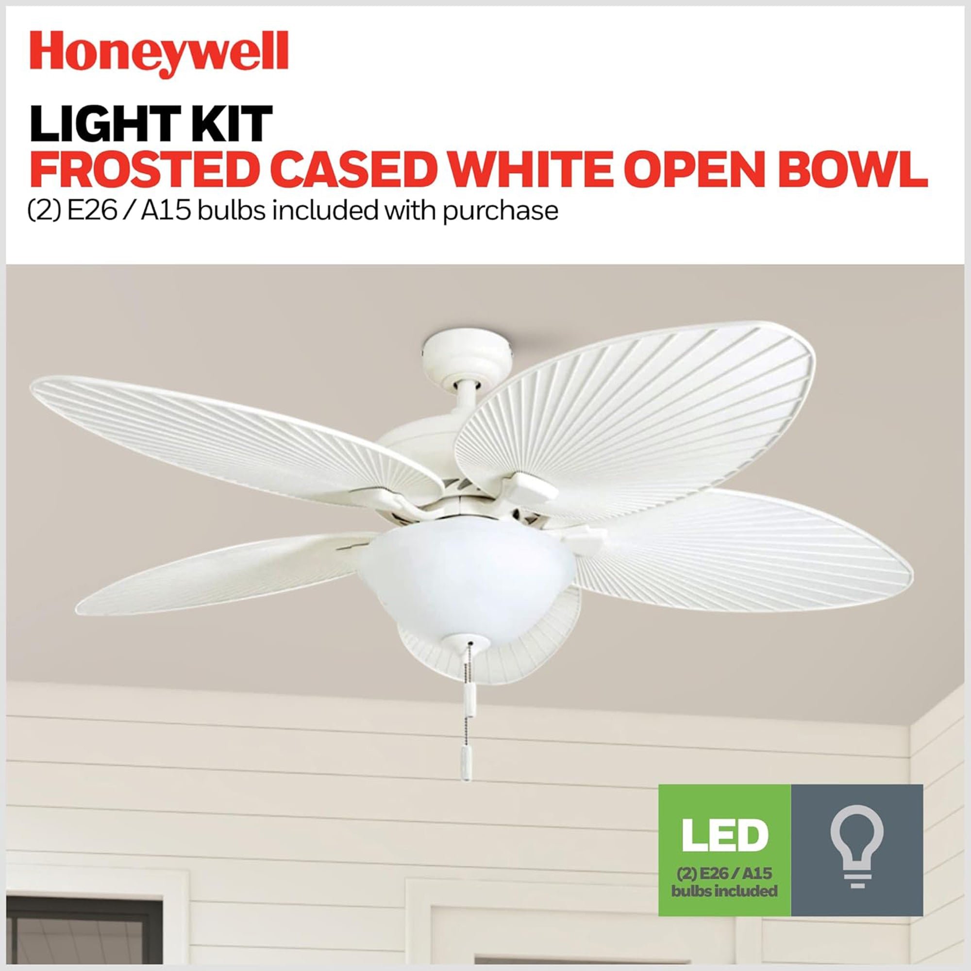 Honeywell Palm Island 52" Tropical Ceiling Fan with Pull Chain, LED Light, White - VMInnovations