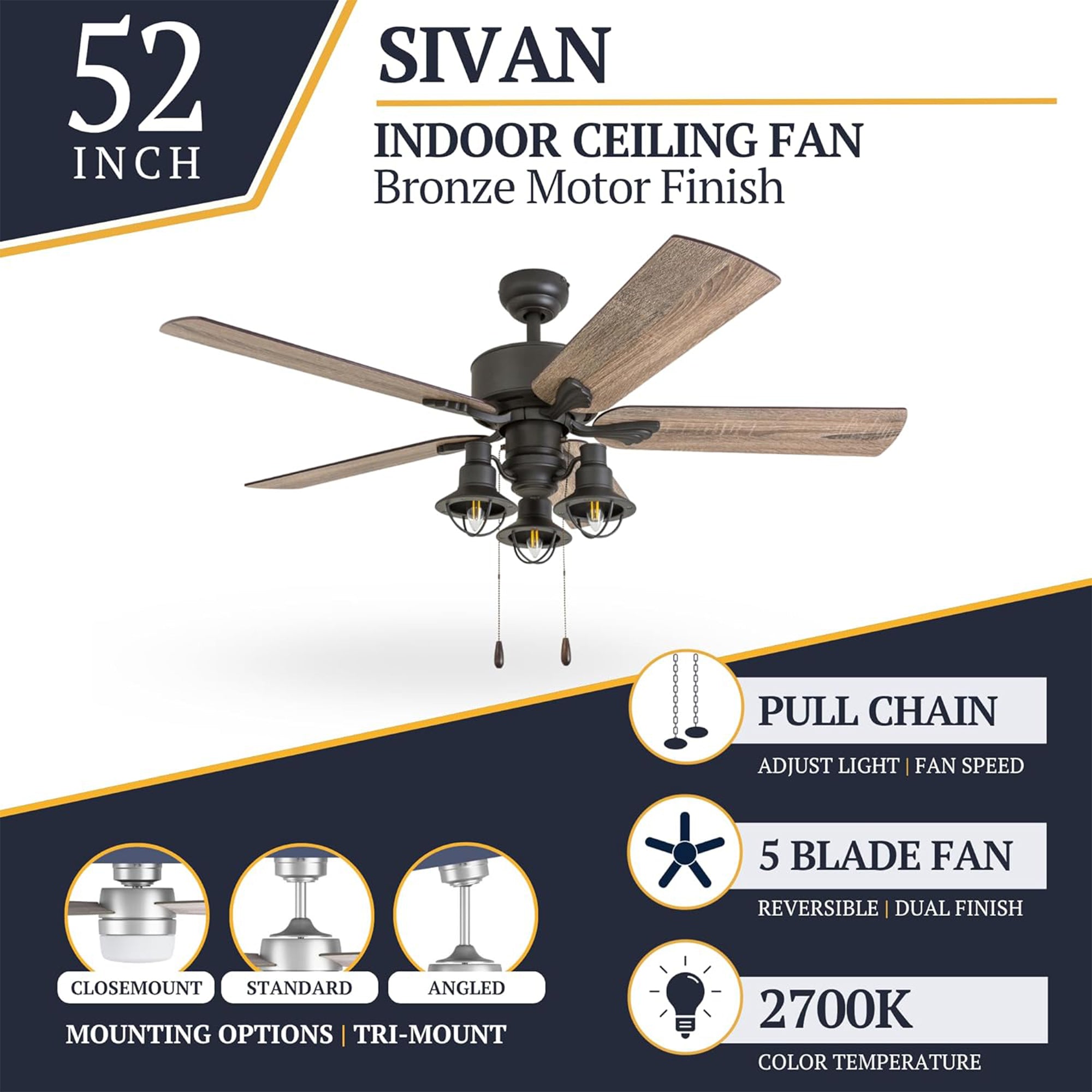 Prominence Home Sivan Farmhouse LED Ceiling Fan, Light & Pull Chain, 52", Bronze - VMInnovations