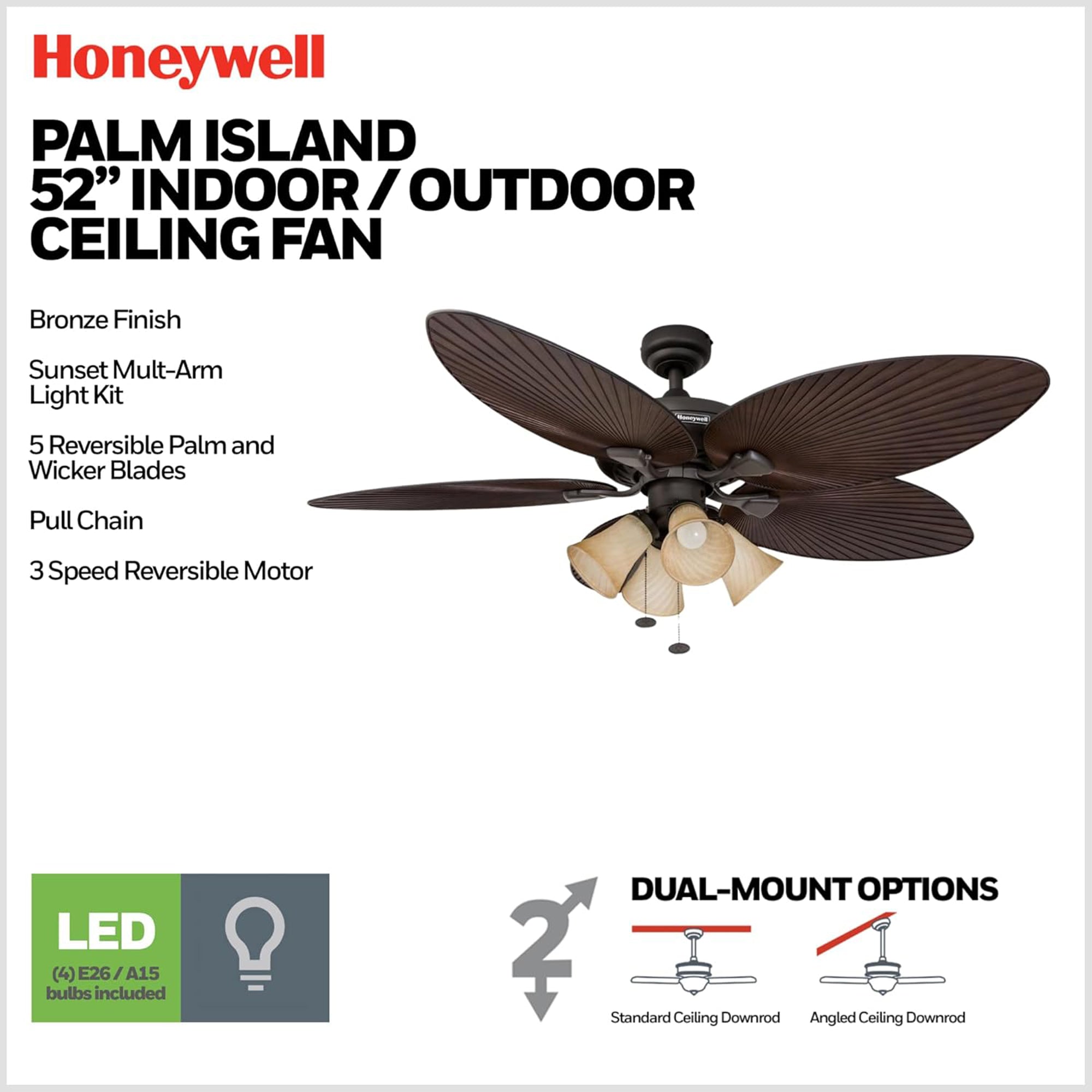 Honeywell Palm Island 52 Inch Tropical Ceiling Fan, LED Light (Open Box)