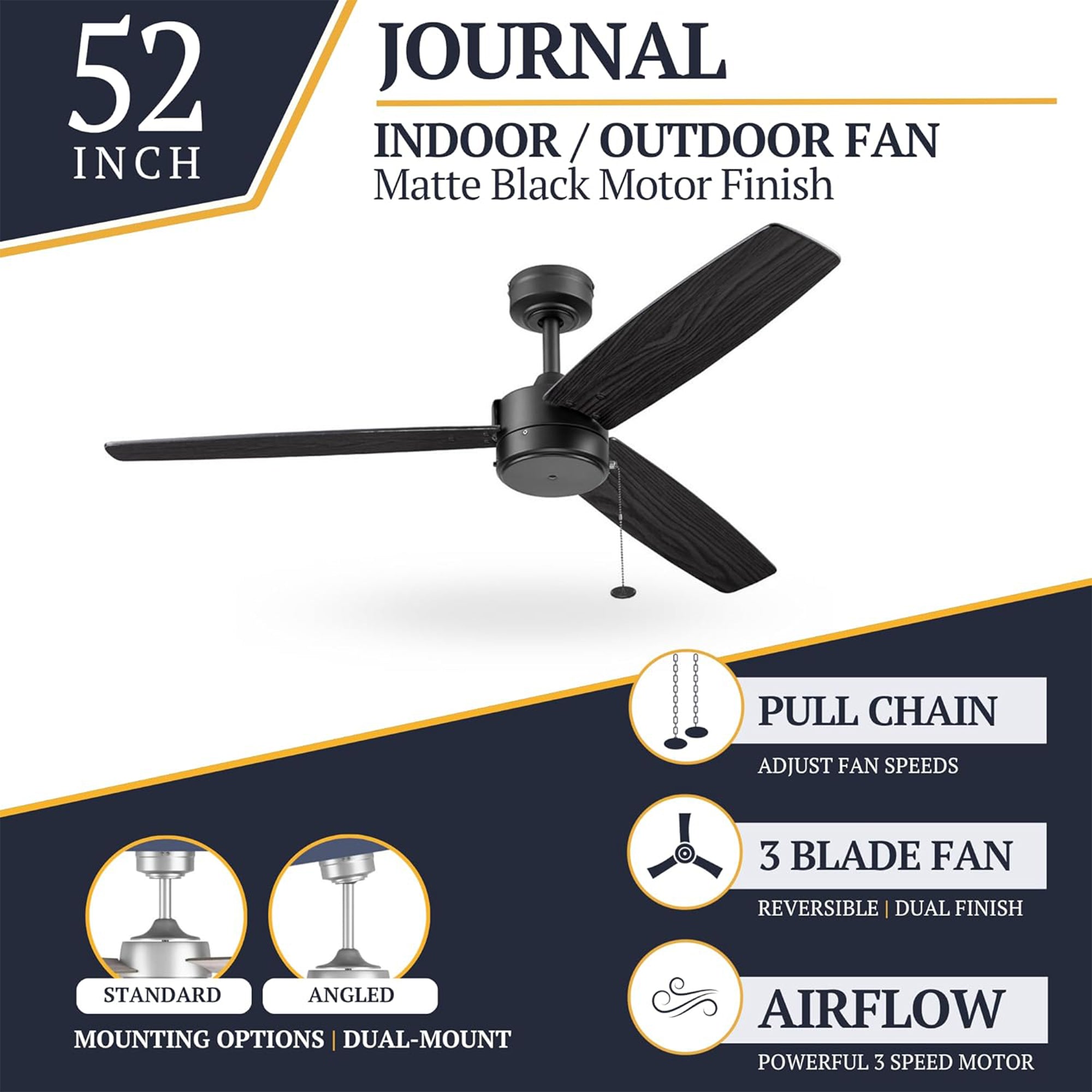 Prominence Home Journal 52" Ceiling Fan, No Light, Pull Chain Control, Black - VMInnovations