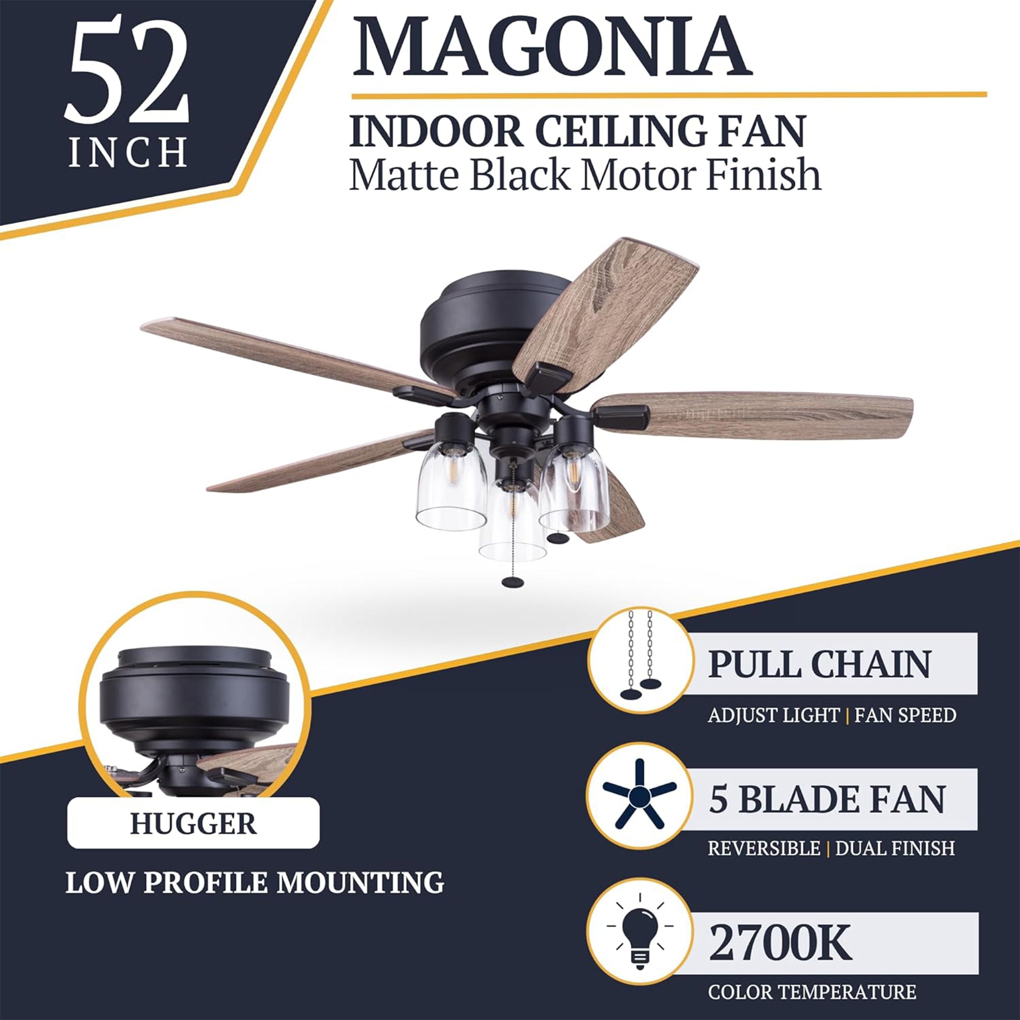 Prominence Home Magonia 52 Inch Ceiling Fan with Pull Chain, Flush Mount, (Used)