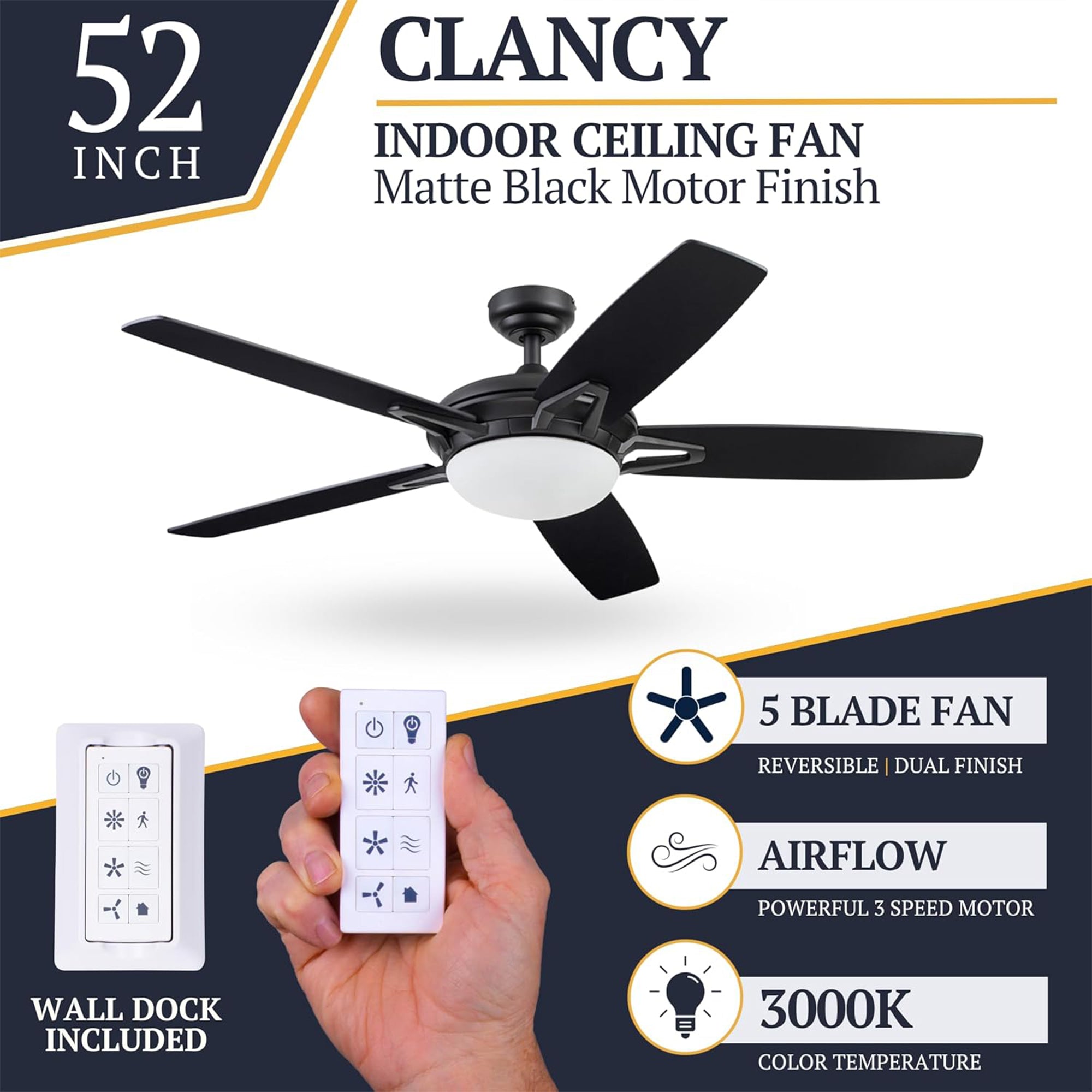 Prominence Home Clancy 52 Inch Indoor LED Ceiling Fan with Remote, Matte Black - VMInnovations