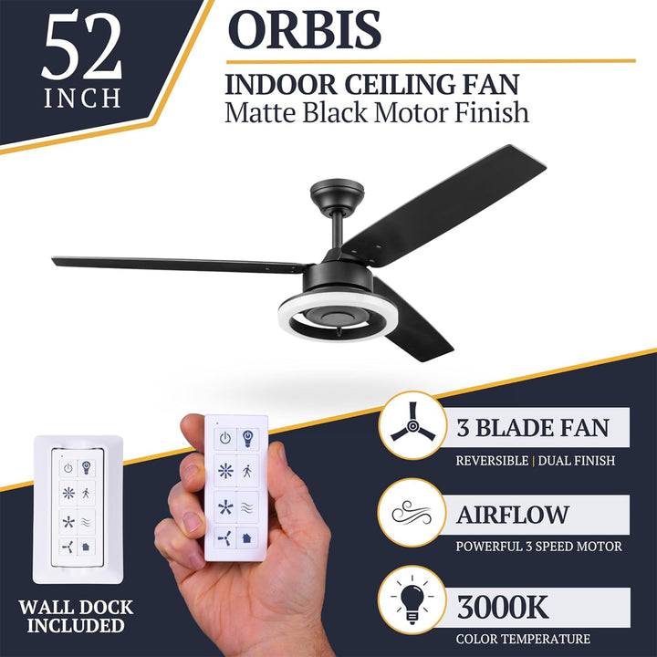 Prominence Home Orbis 52 Inch Indoor LED Ceiling Fan with Light, Matte Black - VMInnovations