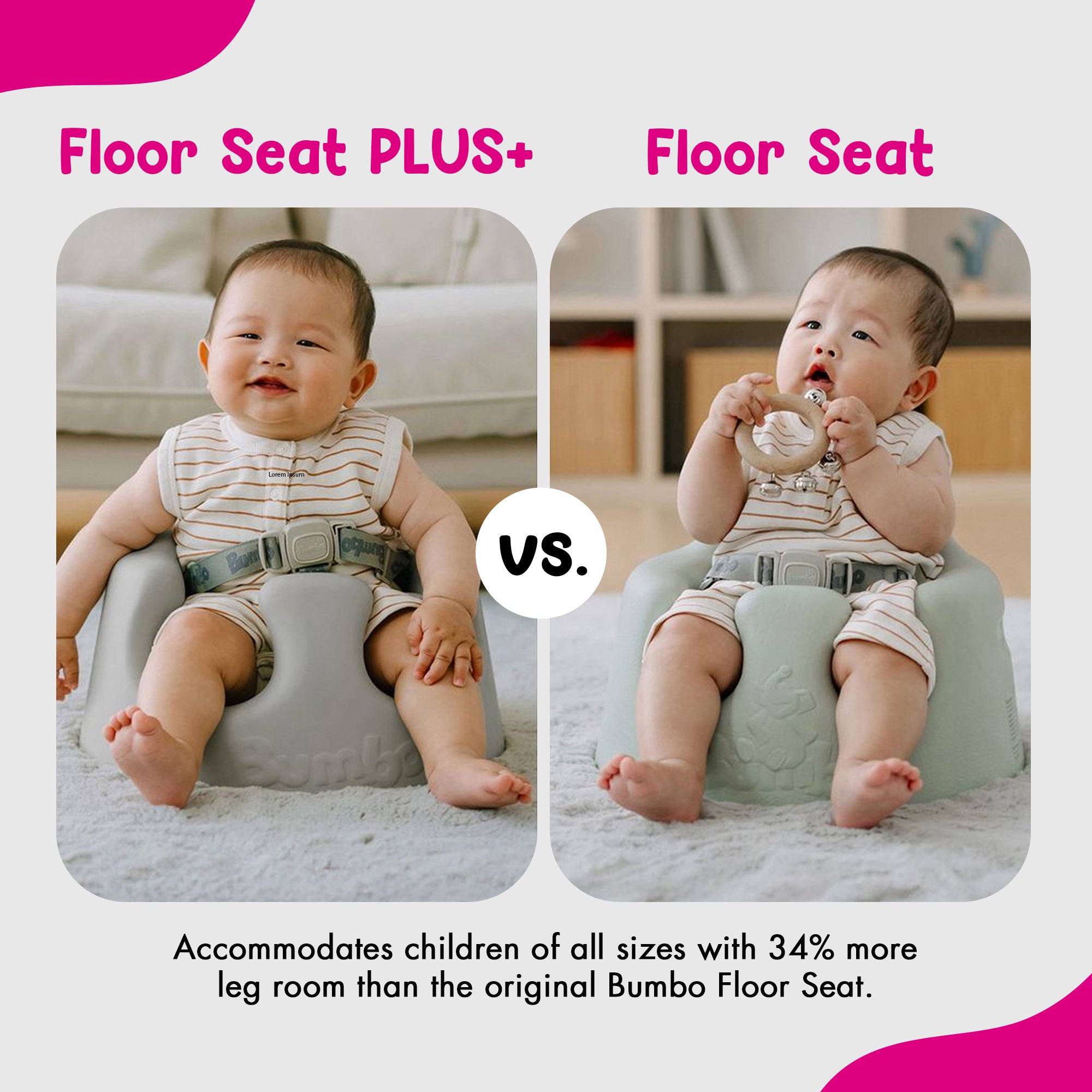 Bumbo Infant Floor Seat PLUS+ Sit Up Chair, Adjustable Harness, Monsoon, 2 Pack