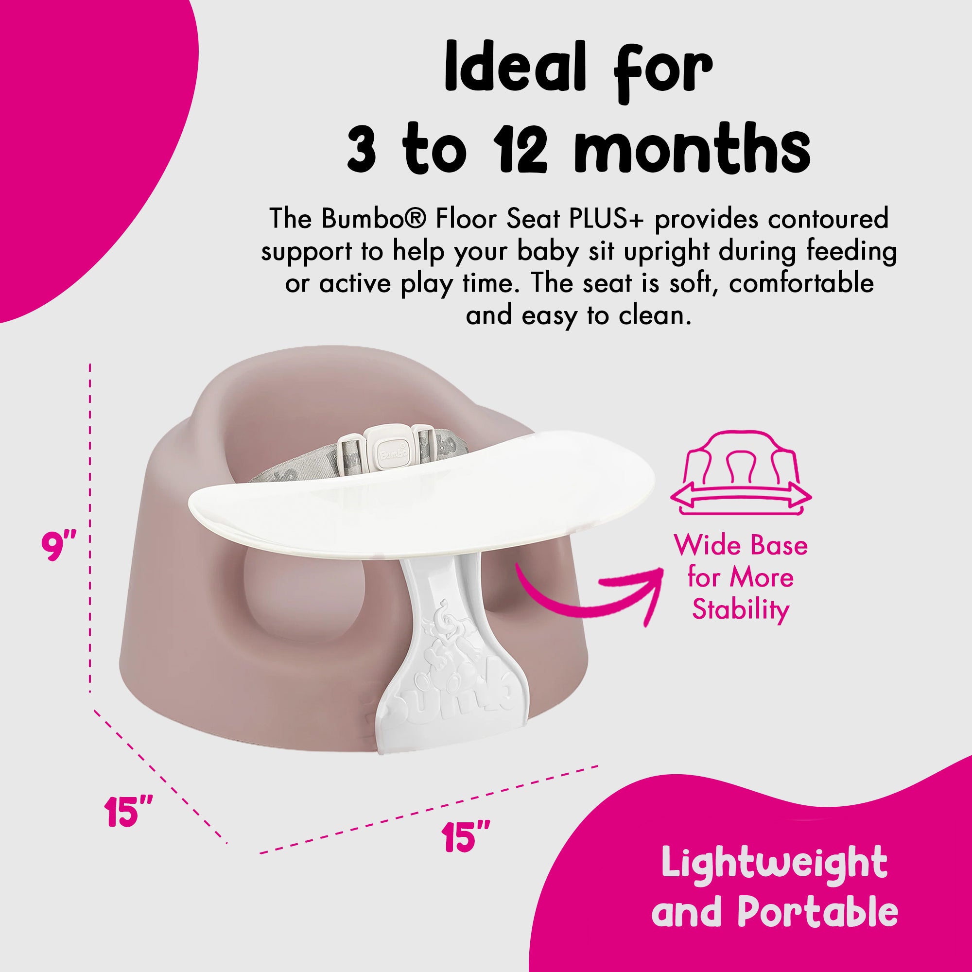 Bumbo Infant Floor Seat PLUS+ Sit Up Chair, Adjustable Harness, Rose, 2 Pack