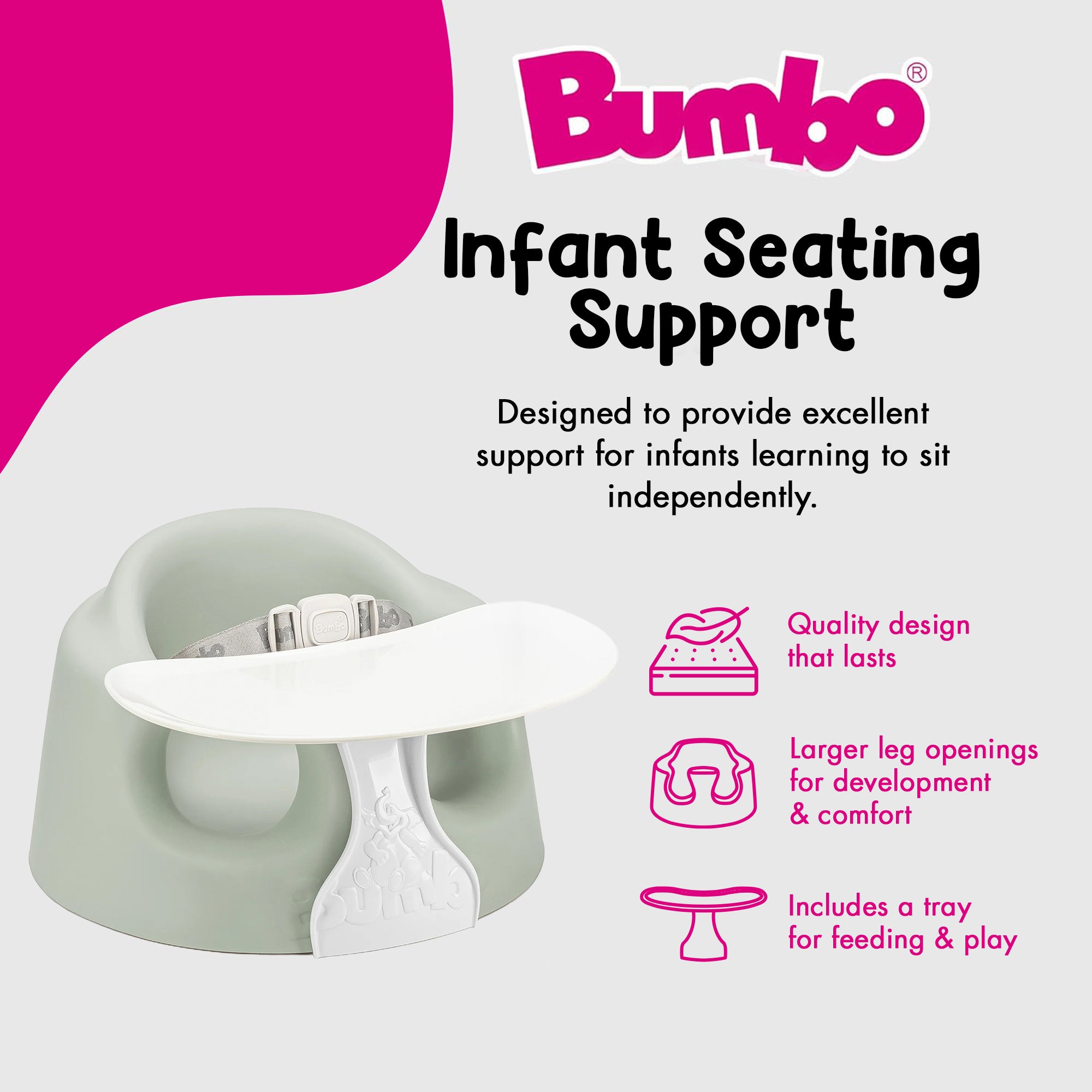Bumbo Infant Floor Seat PLUS+ Sit Up Chair, Adjustable Safety Harness, Agave