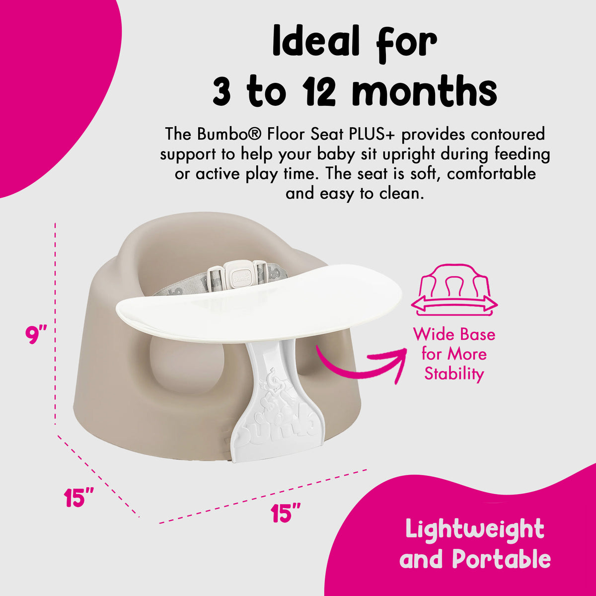Bumbo Infant Floor Seat PLUS+ Sit Up Chair, Adjustable Harness, Taupe, 2 Pack