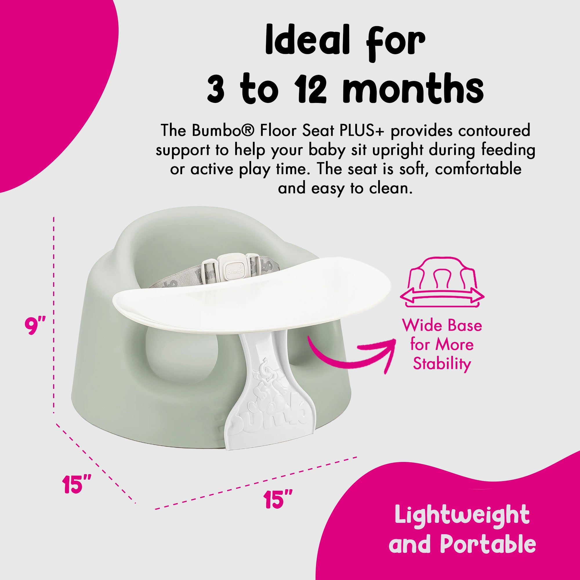 Bumbo Infant Floor Seat PLUS+ Sit Up Chair, Adjustable Safety Harness, Agave