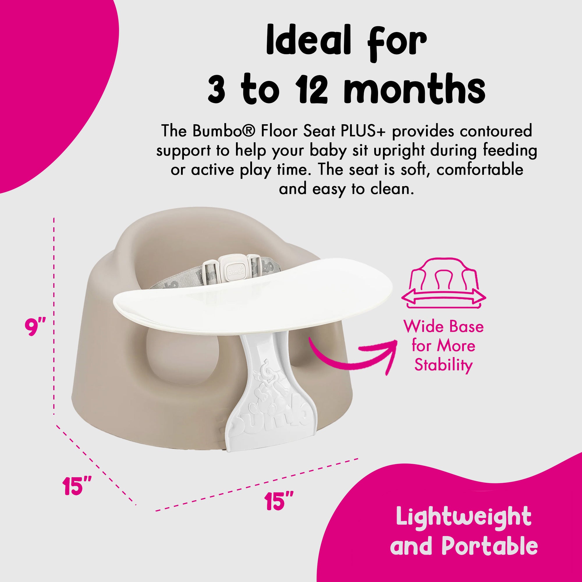 Bumbo Infant Floor Seat PLUS+ Sit Up Chair, Adjustable Harness, Taupe, 2 Pack
