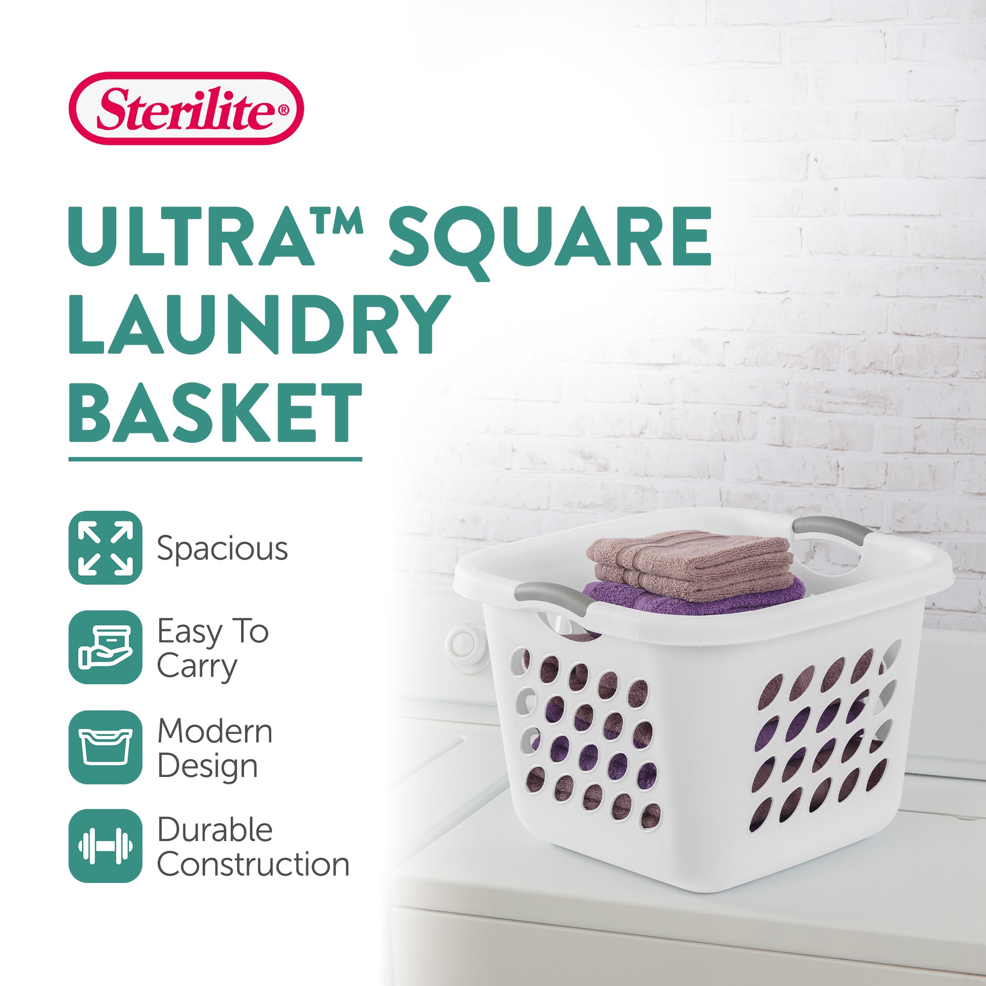 Sterilite Square Laundry Basket, 1.5 BushelHamper with Handles, White, 12 Pack