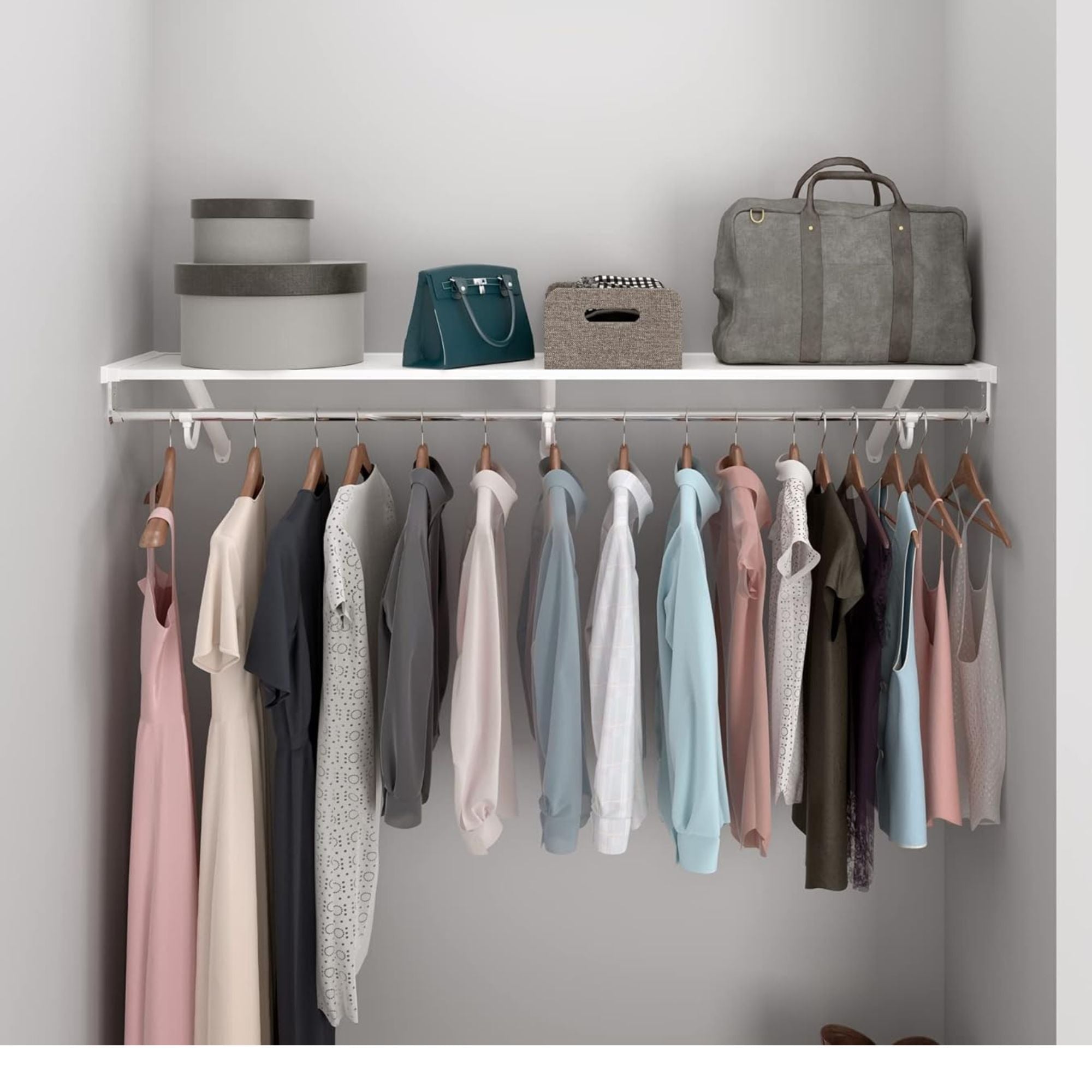 Rubbermaid 48" Premium Wood Closet Shelf W/Hanging Rod, Wall Mounted, (Open Box) - VMInnovations