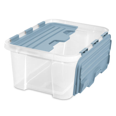 Sterilite 20 Qt Hinged Lid Storage Box, Plastic Container, Washed Blue, 12 Pack