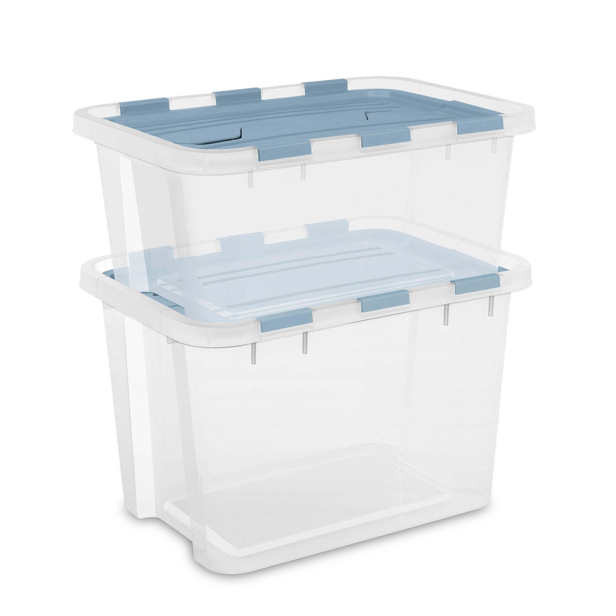 Sterilite 20 Qt Hinged Lid Storage Box, Plastic Container, Washed Blue, 12 Pack