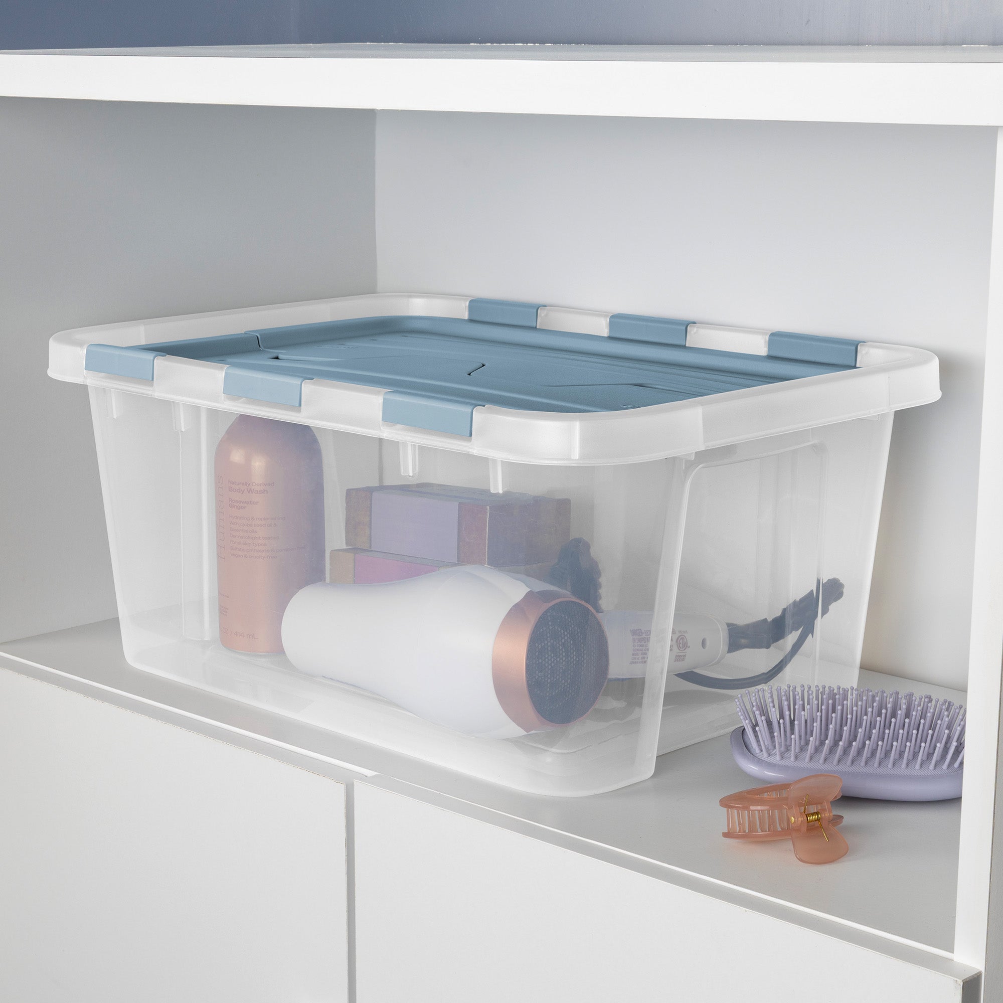 Sterilite 20 Qt Hinged Lid Storage Box, Plastic Container, Washed Blue, 12 Pack