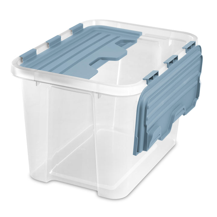 Sterilite 30 Qt Hinged Lid Storage Box, Plastic Container, Washed Blue, 6 Pack