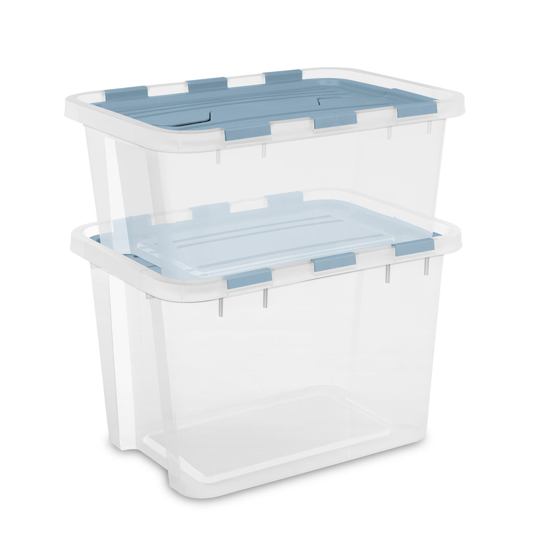 Sterilite 30 Qt Hinged Lid Storage Box, Plastic Container, Washed Blue, 6 Pack