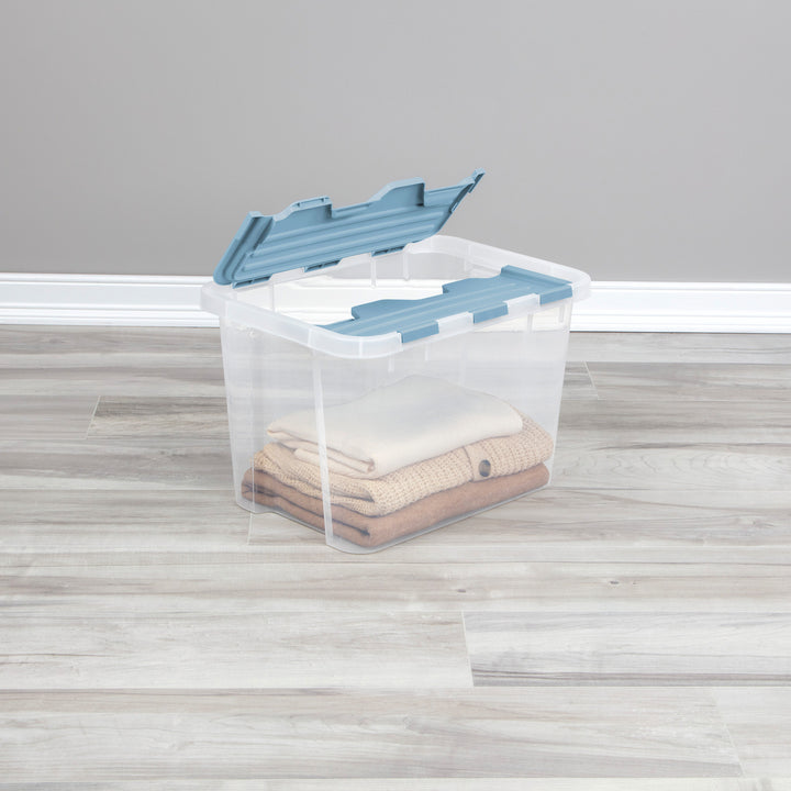 Sterilite 30 Qt Hinged Lid Storage Box, Plastic Container, Washed Blue, 18 Pack