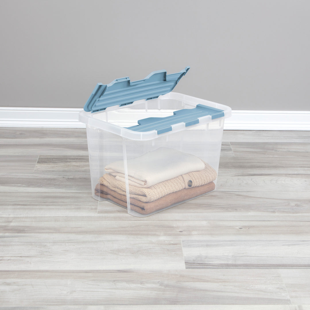 Sterilite 30 Qt Hinged Lid Storage Box, Plastic Container, Washed Blue, 6 Pack - VMInnovations