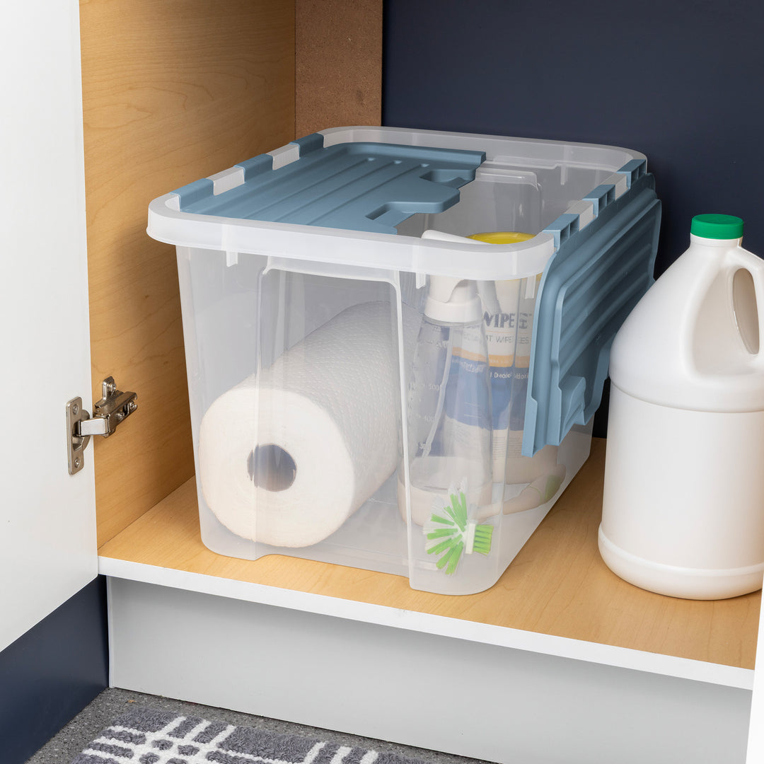 Sterilite 30 Qt Hinged Lid Storage Box, Plastic Container, Washed Blue, 24 Pack