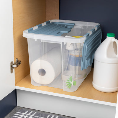 Sterilite 30 Qt Hinged Lid Storage Box, Plastic Container, Washed Blue, 6 Pack