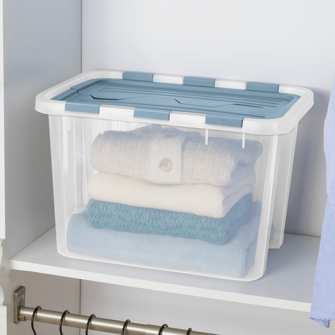 Sterilite 30 Qt Hinged Lid Storage Box, Plastic Container, Washed Blue, 18 Pack