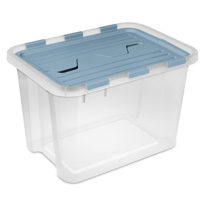 Sterilite 30 Qt Hinged Lid Storage Box, Plastic Container, Washed Blue, 24 Pack