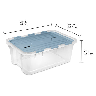 Sterilite 40 Qt Hinged Lid Storage Box, Plastic Container, Washed Blue, 24 Pack