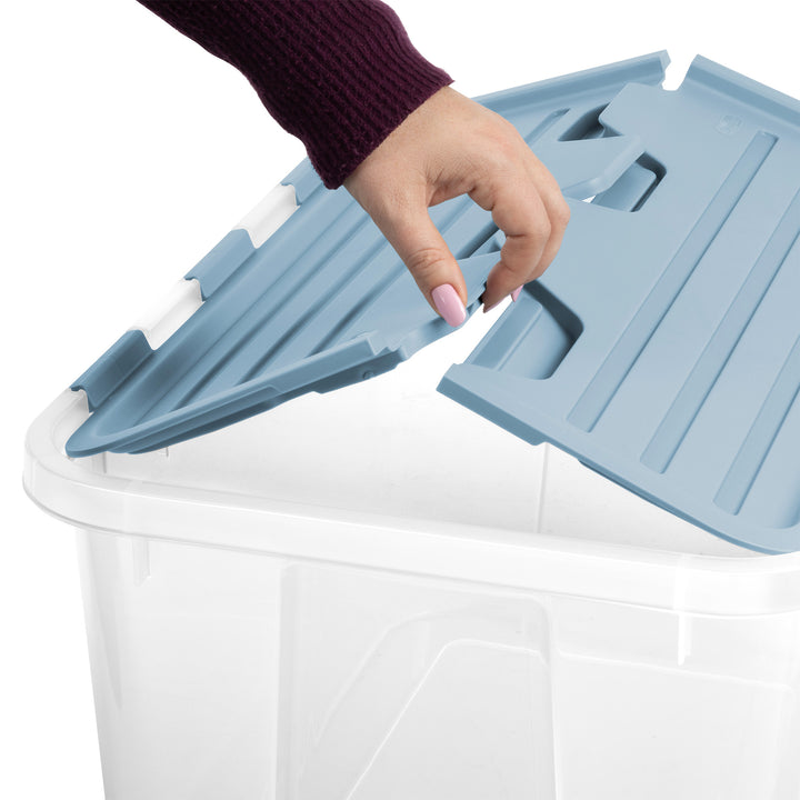 Sterilite 40 Qt Hinged Lid Storage Box, Plastic Container, Washed Blue, 18 Pack