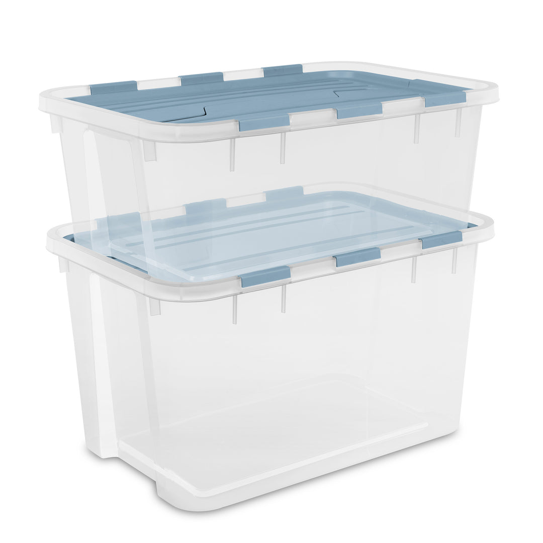 Sterilite 40 Qt Hinged Lid Storage Box, Plastic Container, Washed Blue, 6 Pack