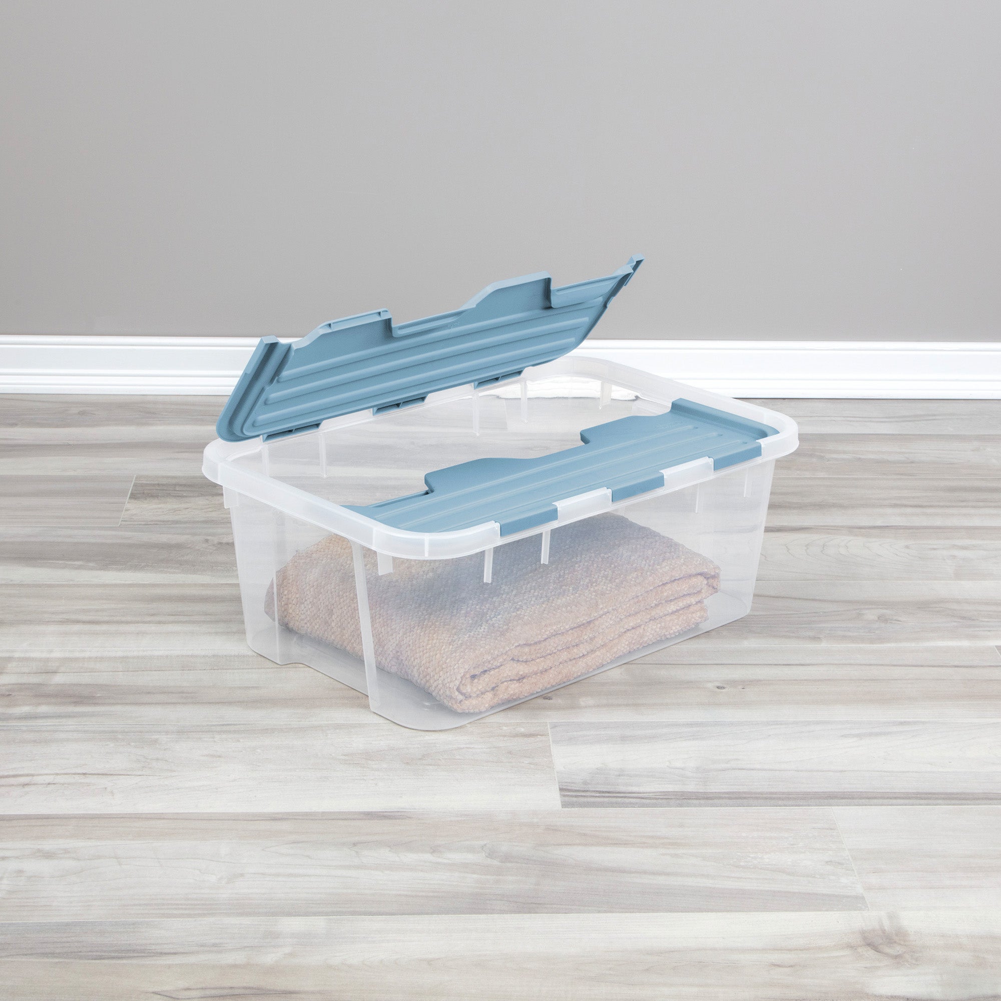Sterilite 40 Qt Hinged Lid Storage Box, Plastic Container, Washed Blue, 24 Pack