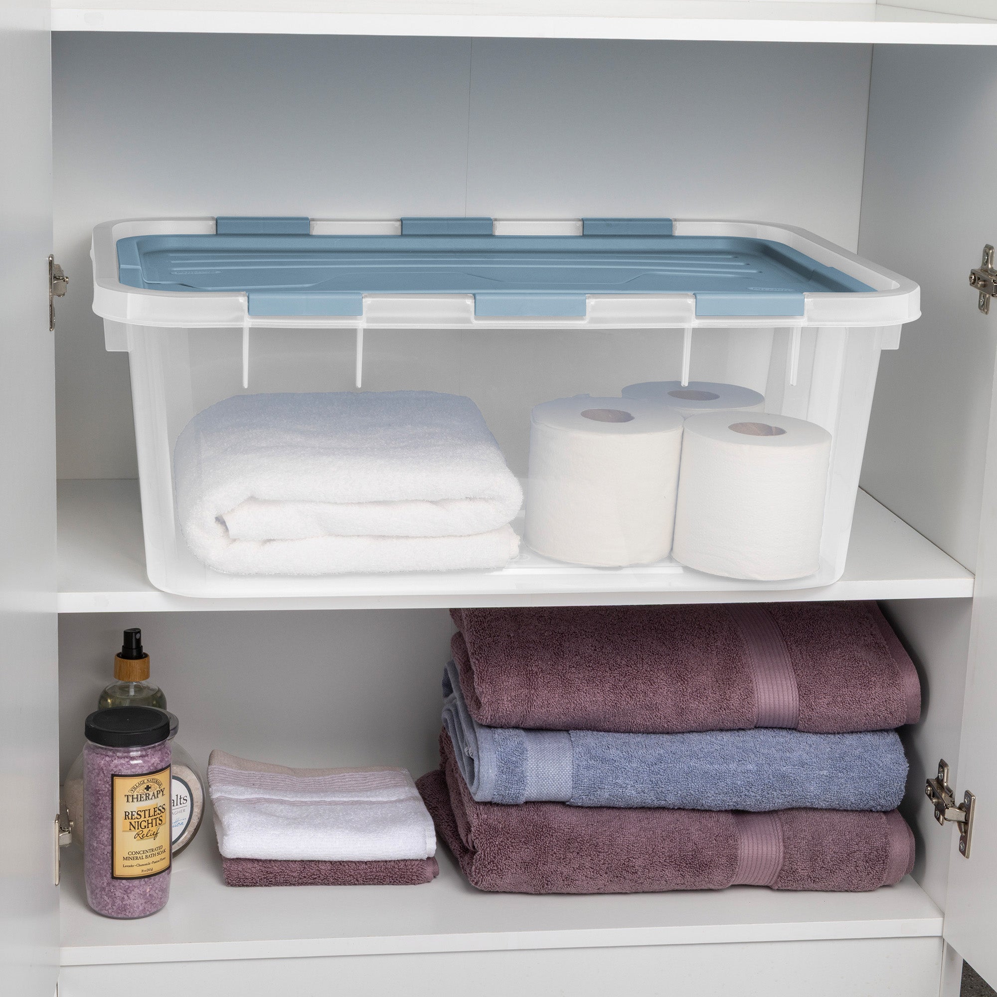 Sterilite 40 Qt Hinged Lid Storage Box, Plastic Container, Washed Blue, 24 Pack