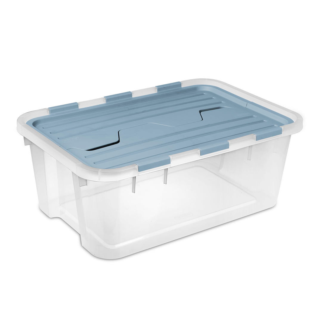 Sterilite 40 Qt Hinged Lid Storage Box, Plastic Container, Washed Blue, 12 Pack