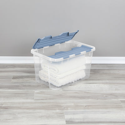 Sterilite 60 Qt Hinged Lid Storage Box, Plastic Container, Washed Blue, 6 Pack