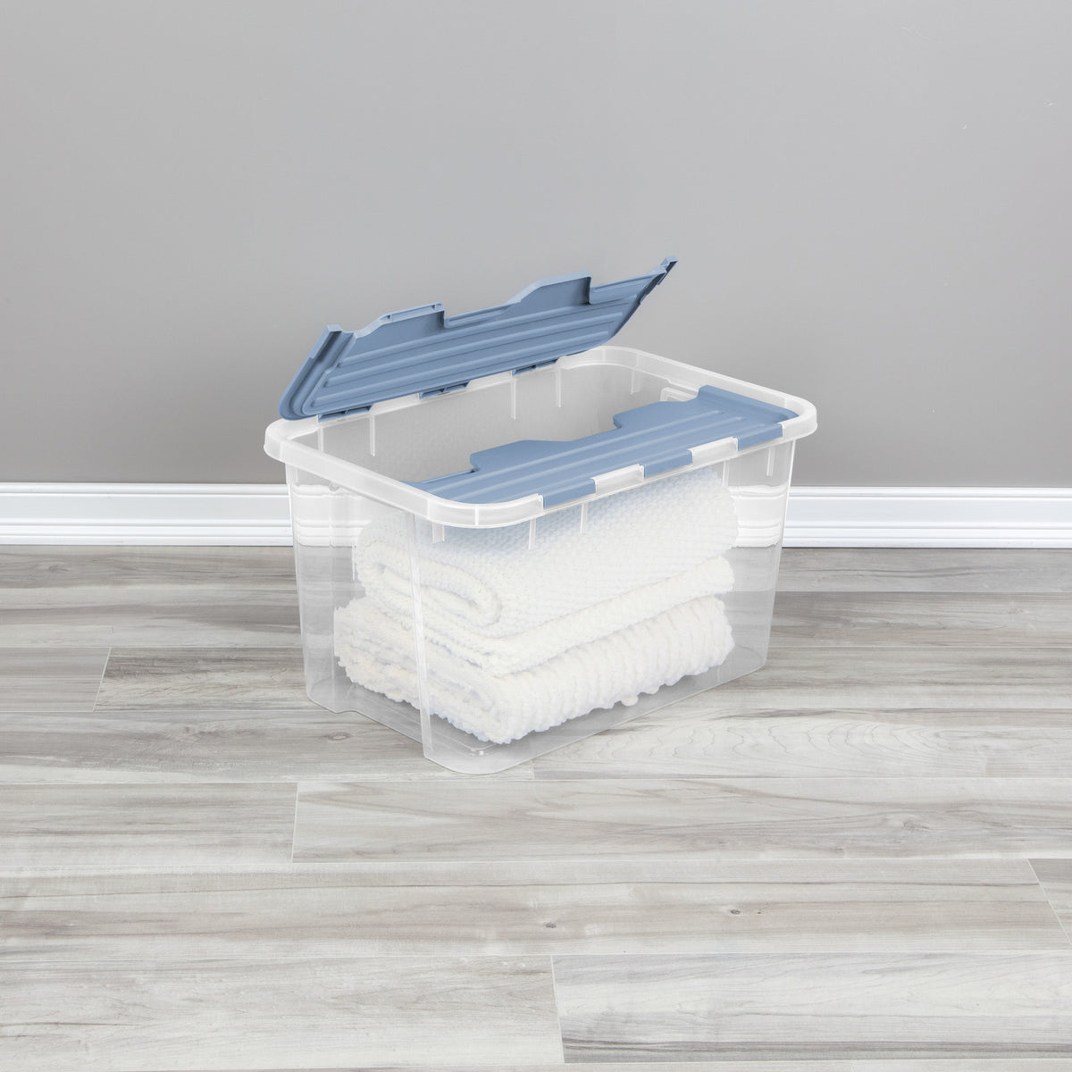 Sterilite 60 Qt Hinged Lid Storage Box, Plastic Container, Washed Blue, 12 Pack