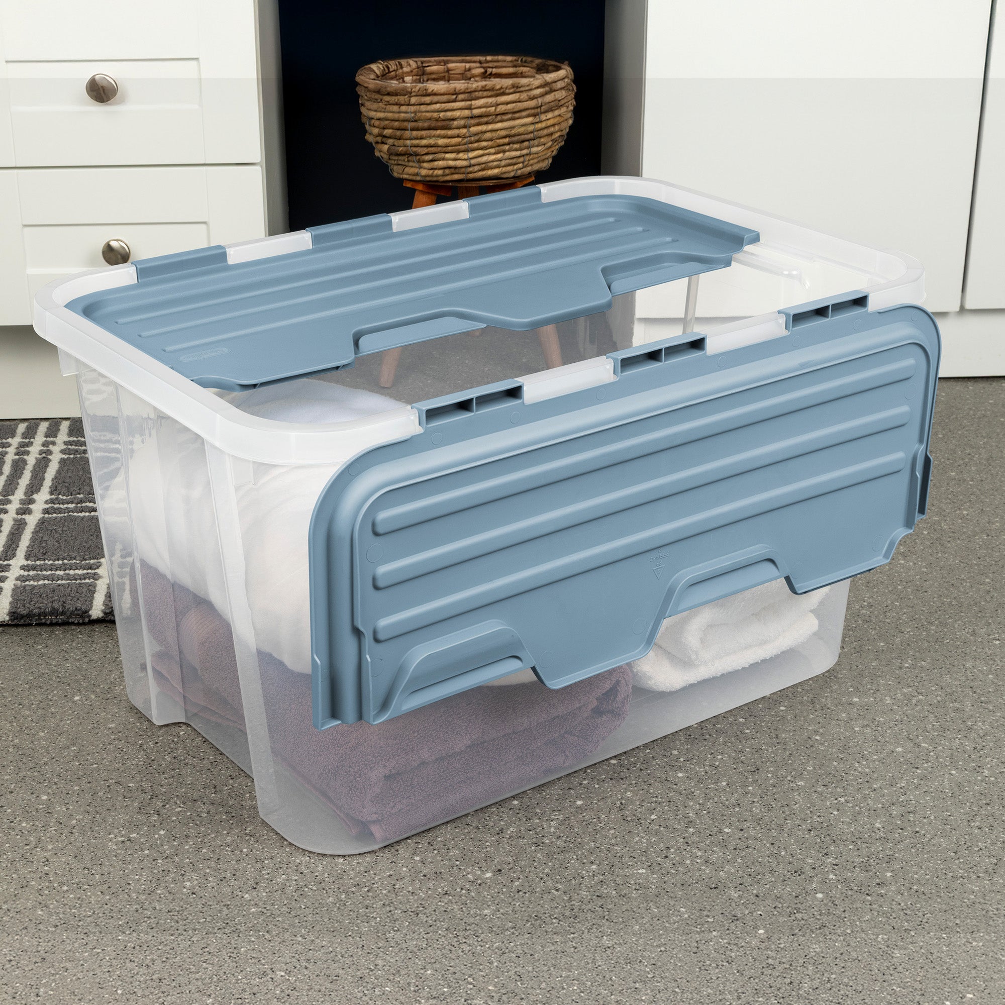 Sterilite 60 Qt Hinged Lid Storage Box, Plastic Container, Washed Blue, 6 Pack