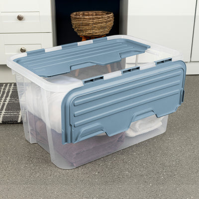 Sterilite 60 Qt Hinged Lid Storage Box, Plastic Container, Washed Blue, 6 Pack