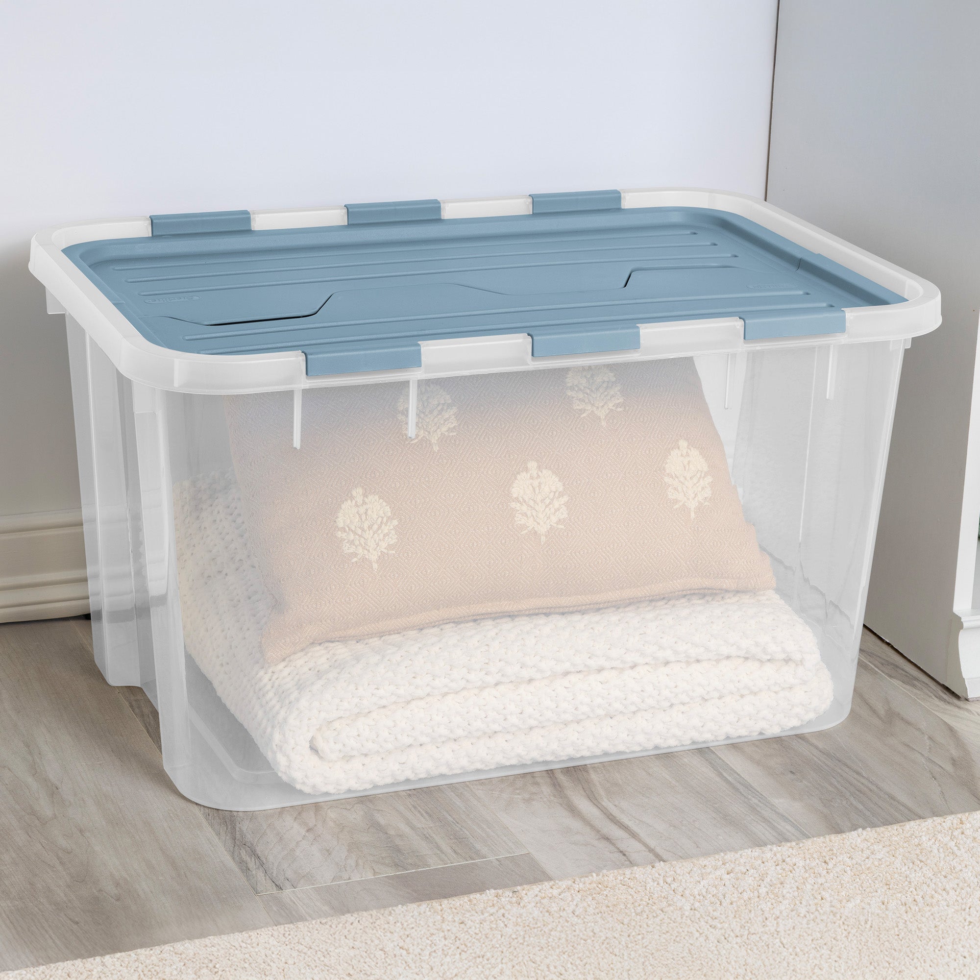 Sterilite 60 Qt Hinged Lid Storage Box, Plastic Container, Washed Blue, 24 Pack