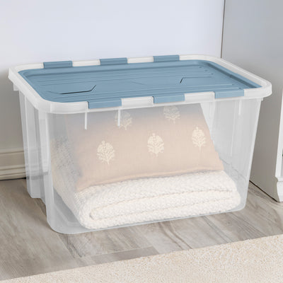 Sterilite 60 Qt Hinged Lid Storage Box, Plastic Container, Washed Blue, 12 Pack