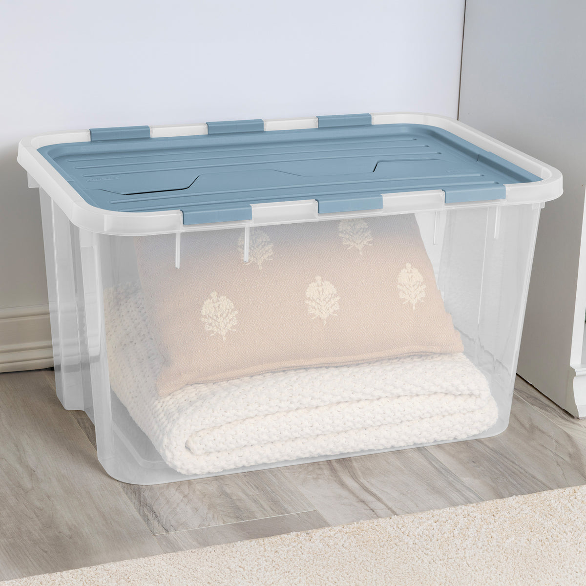 Sterilite 60 Qt Hinged Lid Storage Box, Plastic Container, Washed Blue, 24 Pack