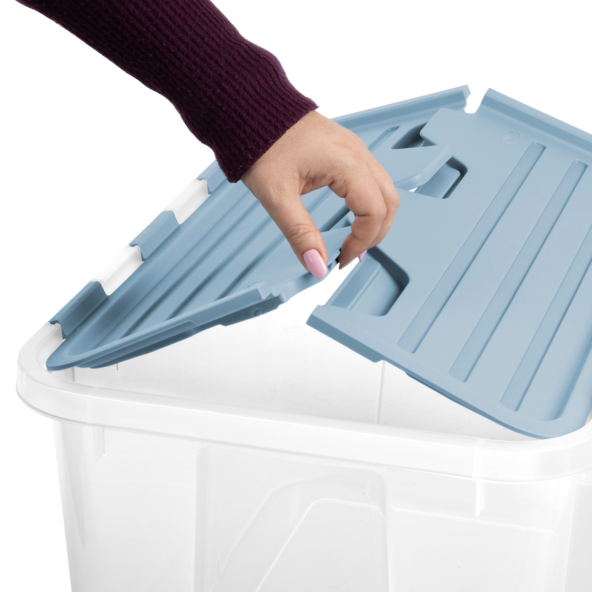Sterilite 60 Qt Hinged Lid Storage Box, Plastic Container, Washed Blue, 24 Pack