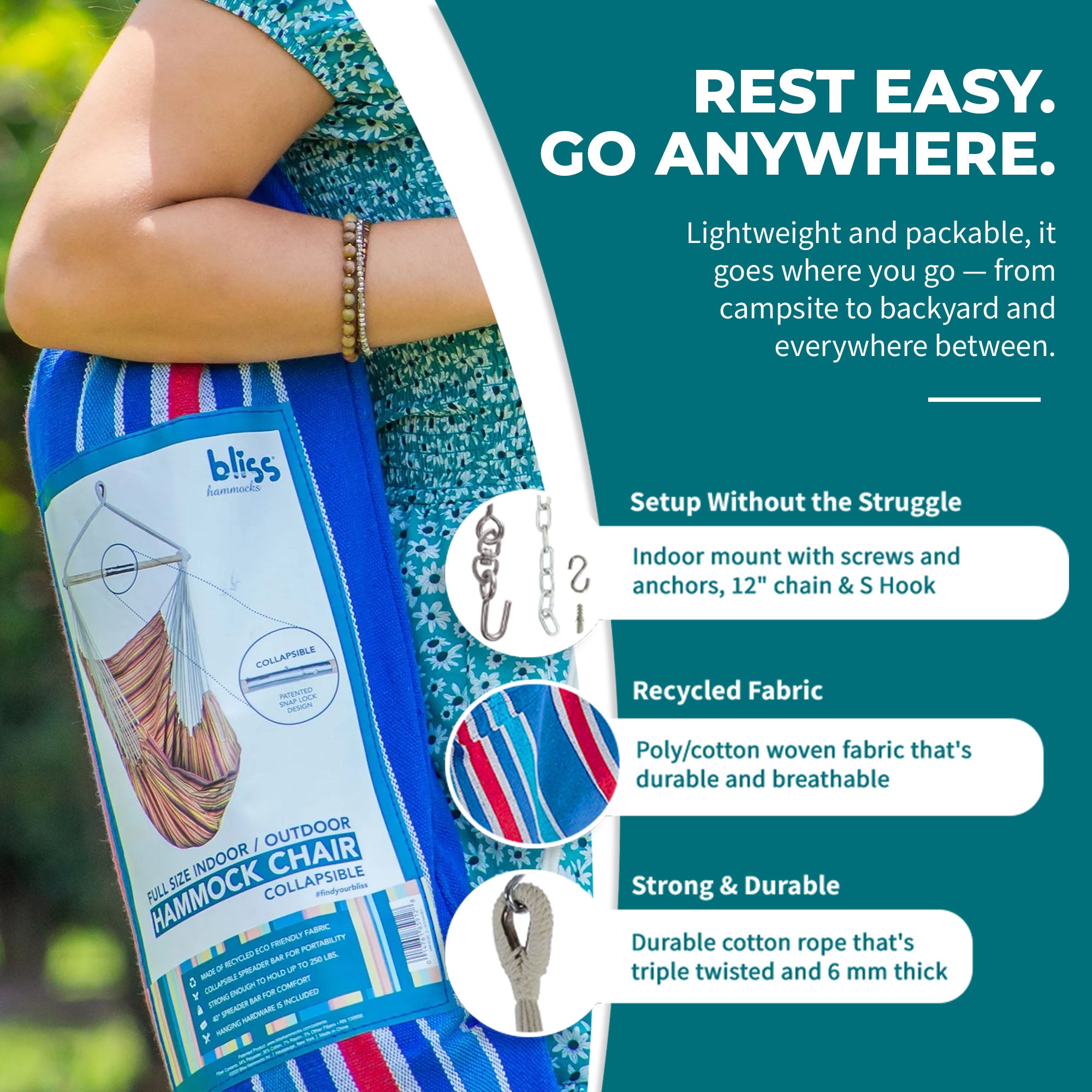 Bliss Hammocks Fabric Hammock Chair w/ Spreader Bar & Hanging Hardware for Patio - VMInnovations